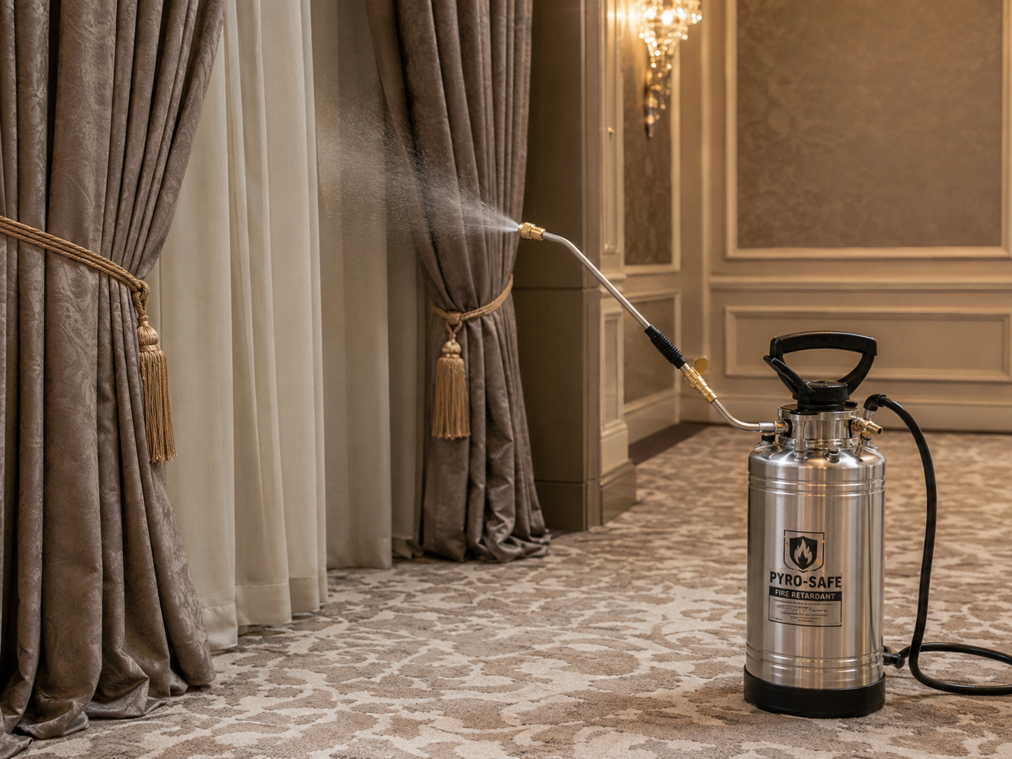 Professional flame proofing treatment applied to commercial drapery in Las Vegas
